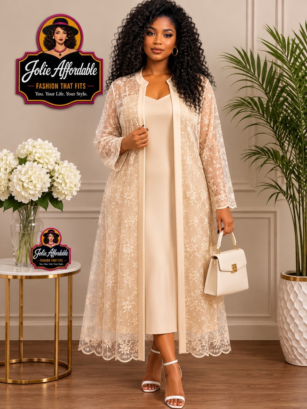 Women Embroidered Cream Duster Dress with Matching Slip Set